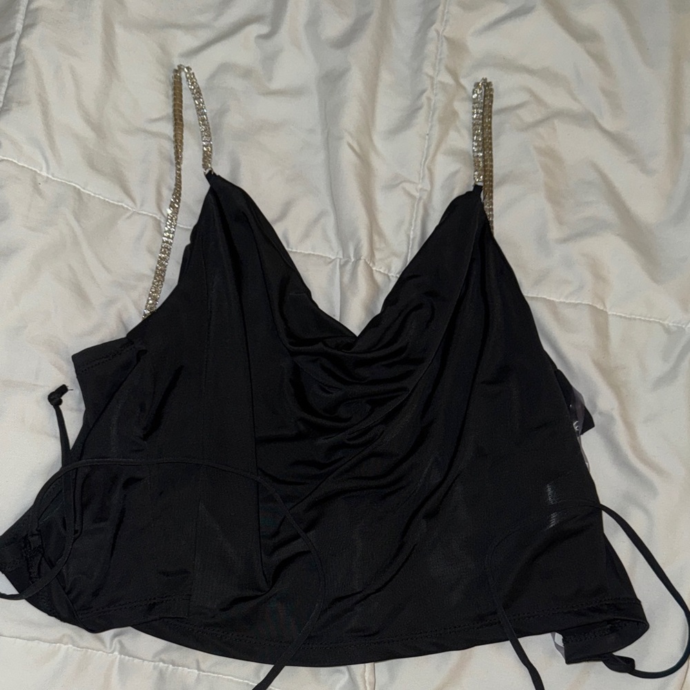 Black Cowl Neck Top with Rhinestone Straps
